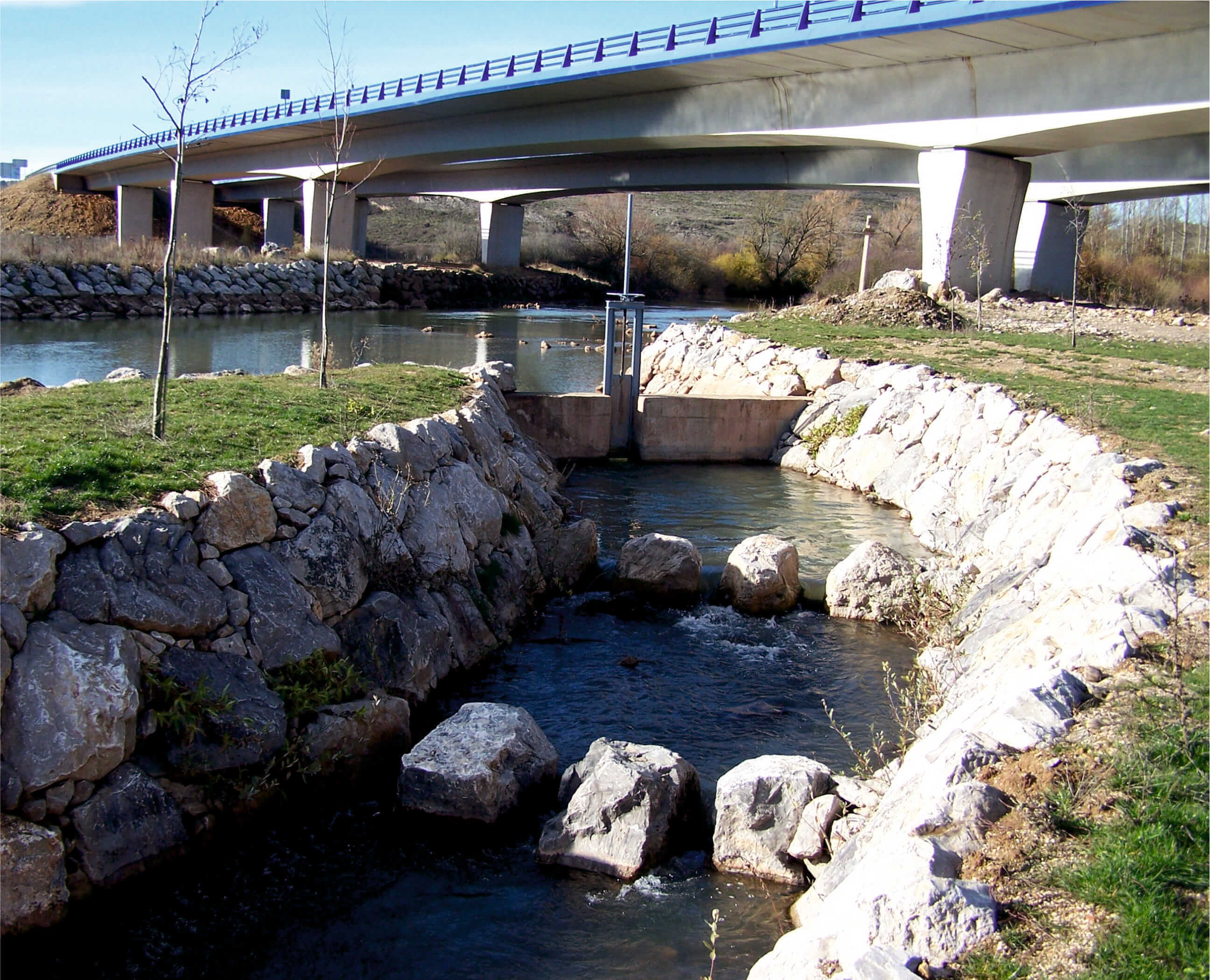 Río artificial de tipo rápido-remanso en el azud de la piscifactoría de Aguilar (río Posuerga)